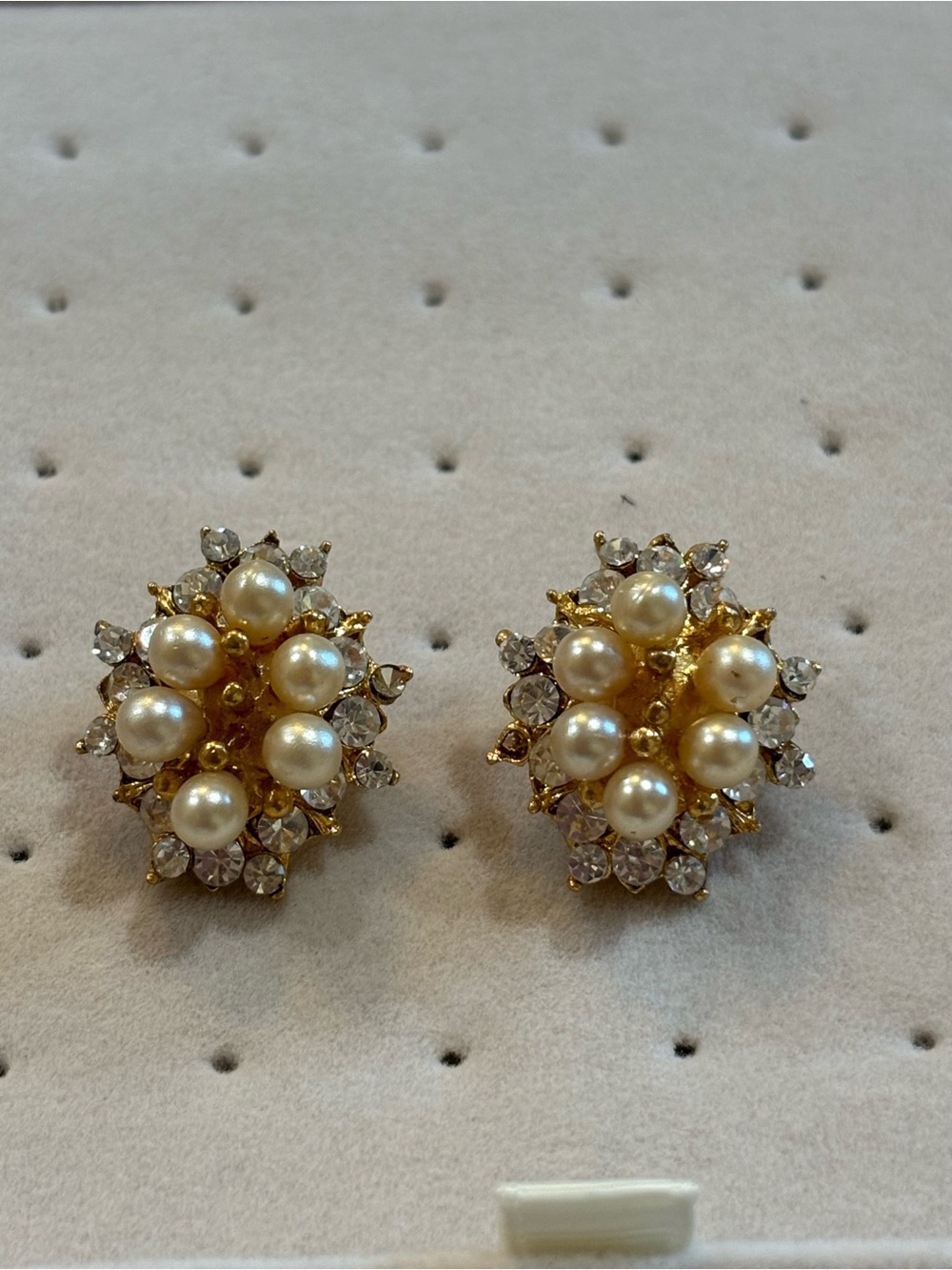 Gold Pearl Cluster Stud Earrings with Clear Crystal Accents